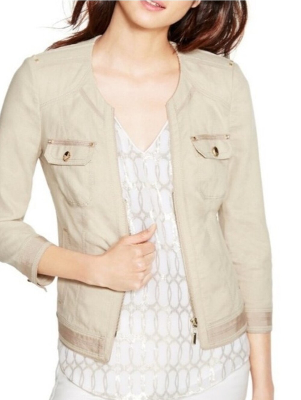 White House Black Market Coral And Beige 3/4 Sleeve Utility Jacket